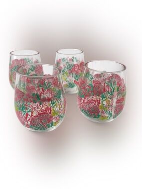 4 Lilly Pulitzer Acrylic Stemless Wine Glass Let’s Cha Cha Pink Green Coral Reef